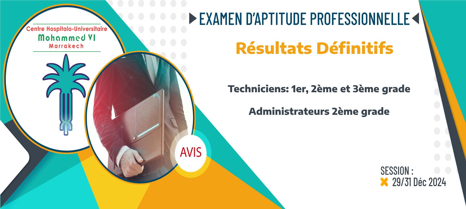 Résultats définitifs de l'examen d'aptitude professionnelle pour l'accès au grade de techniciens 1er, 2ème et 3ème grade et administrateurs 2ème grade - Session 29/31 Déc 2024