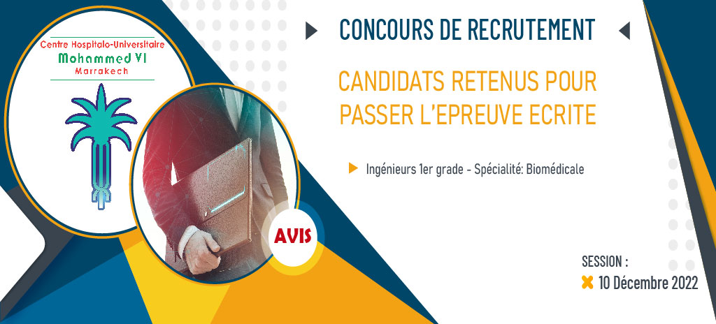 Liste des candidats retenus pour passer le concours de recrutement d’un ingénieur 1er grade: Spécialité Biomédicale – 10/12/2022