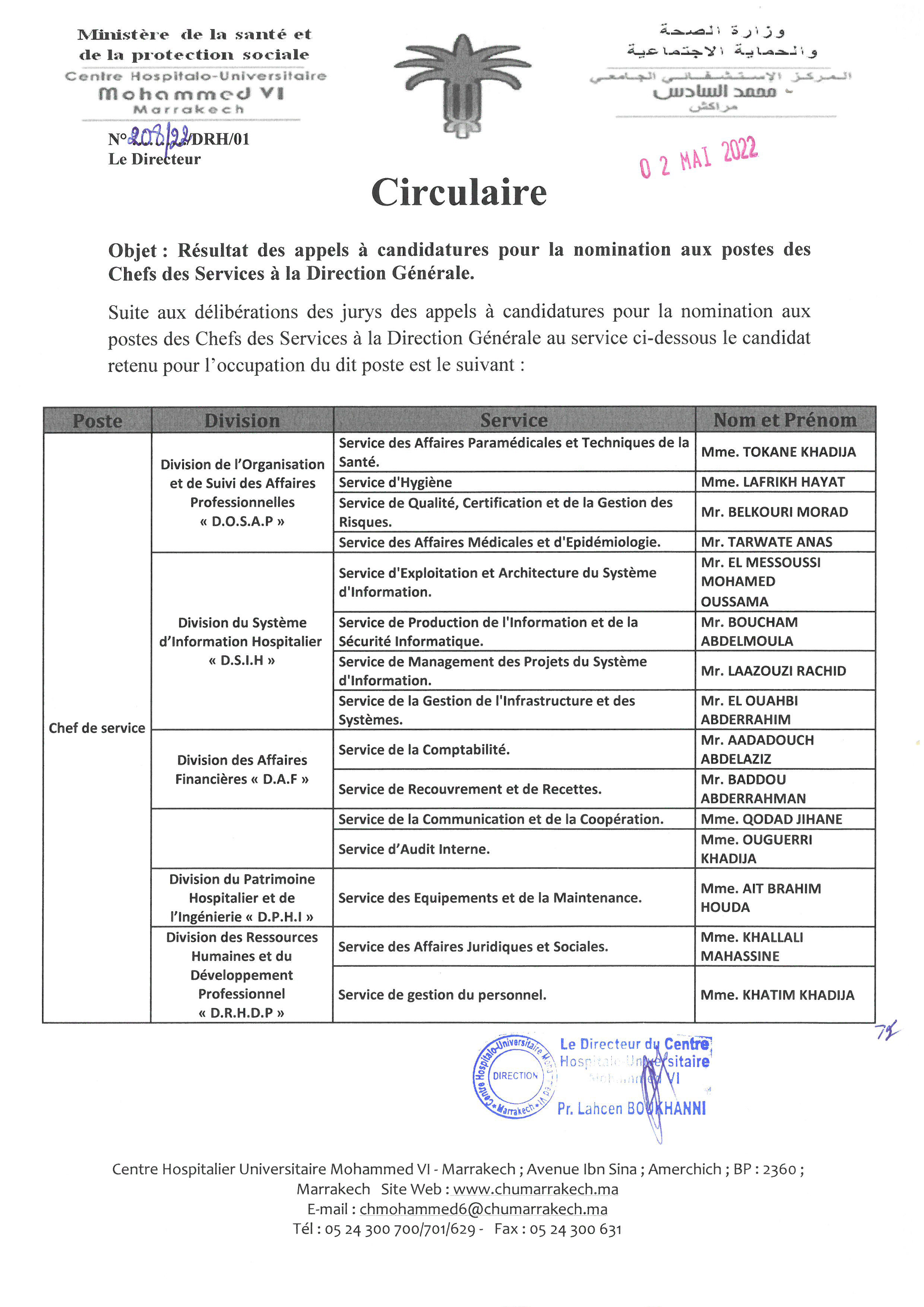resultat canidature chefs services Direction Generale CHU Marrakech 2022