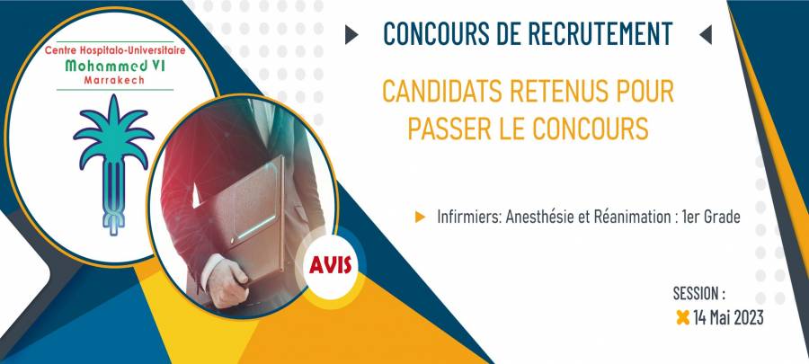Liste des candidats retenus pour passer le concours de recrutement des infirmiers (Anesthésie et Réanimation) – 14/05/2023
